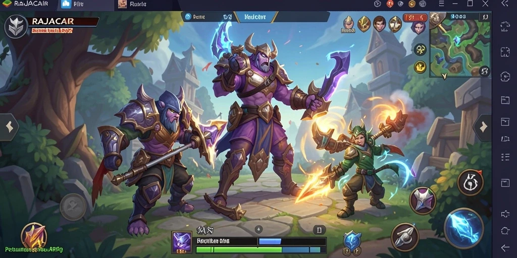Screenshot gameplay RAJACAIR menampilkan pertarungan seru dan karakter fantastis.