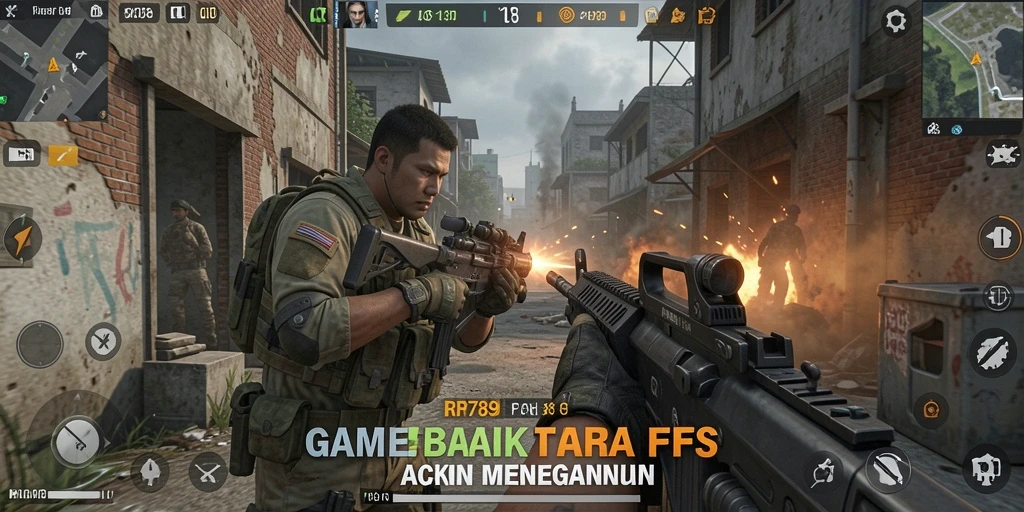 Tangkapan layar utama RR789 menampilkan aksi intens di medan perang FPS.